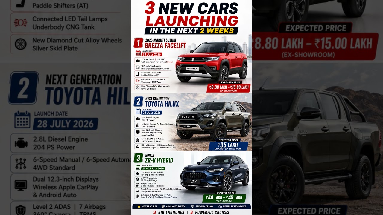 3 Biggest Car Launches This Week in India | Brezza Facelift, Toyota Hilux & Honda ZR-V Hybrid 2026