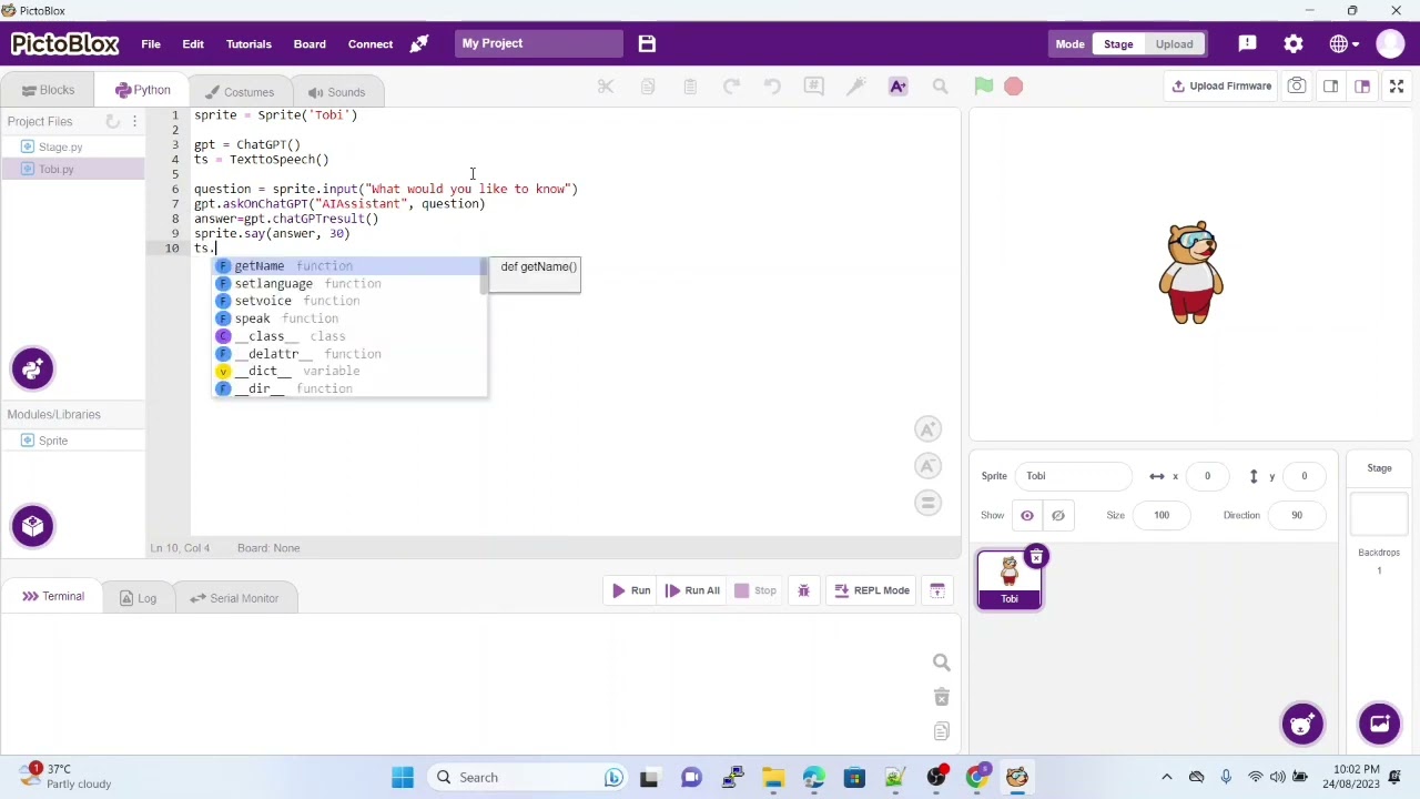 activity 4: chatgpt interaction using python in pictoblox