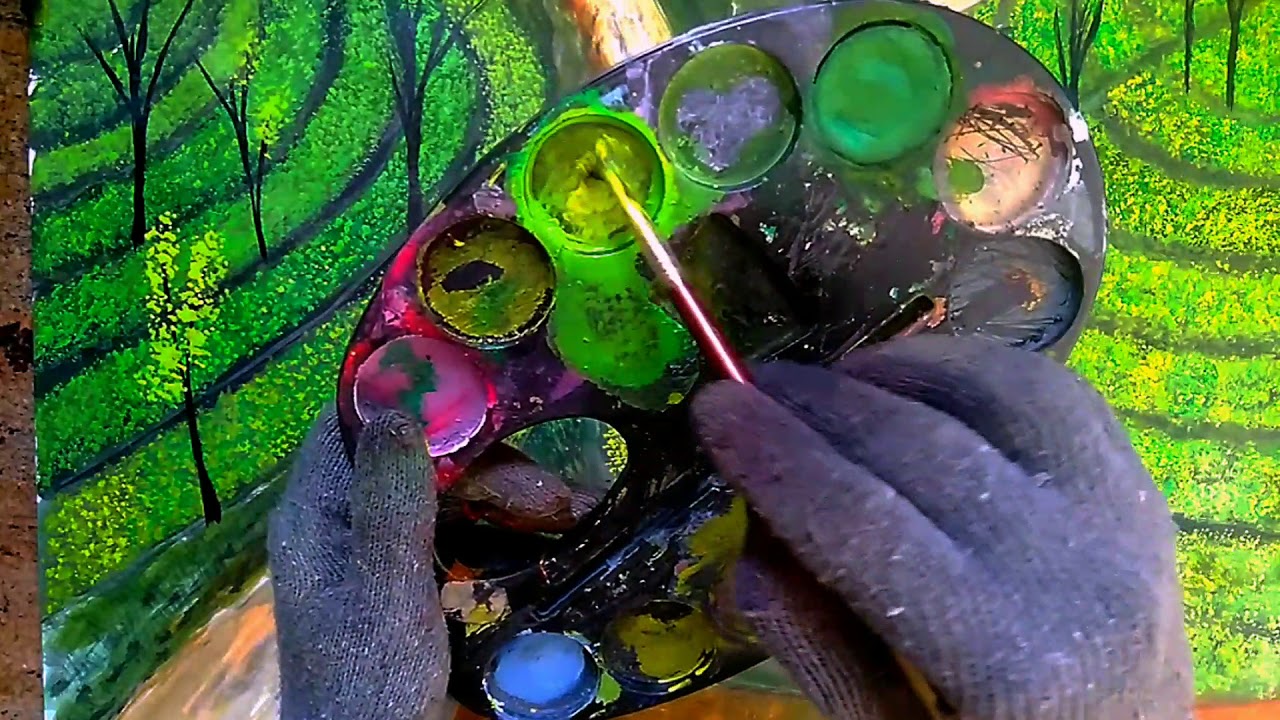 Painting a tea garden and a mud road  using acrylic paint /time lapse