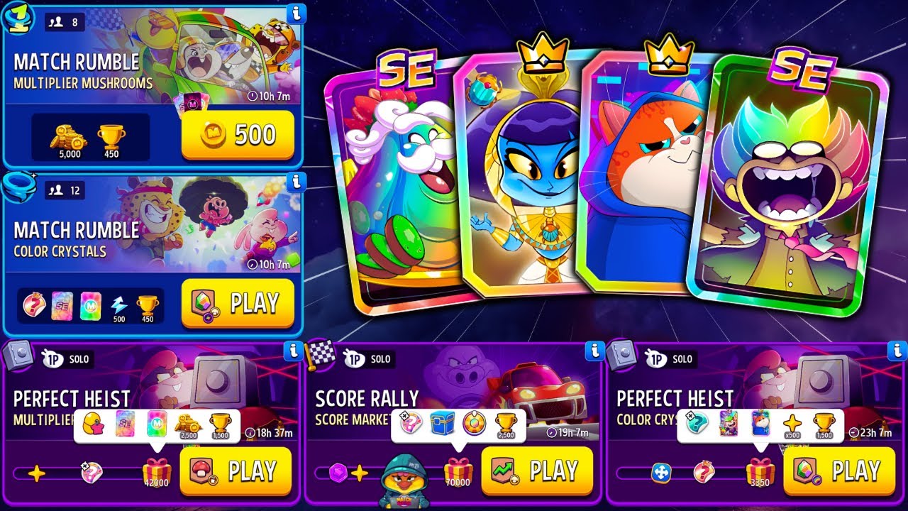 x3 Solo: Multiplier Mushrooms, Score Market, Color Crystals // x2 Rumble: Mushrooms, Crystals