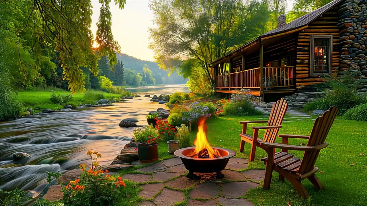 Golden Hour at a Riverside Cabin 🌅 Peaceful Fire & Nature Sounds | Quiet Ambience 4K