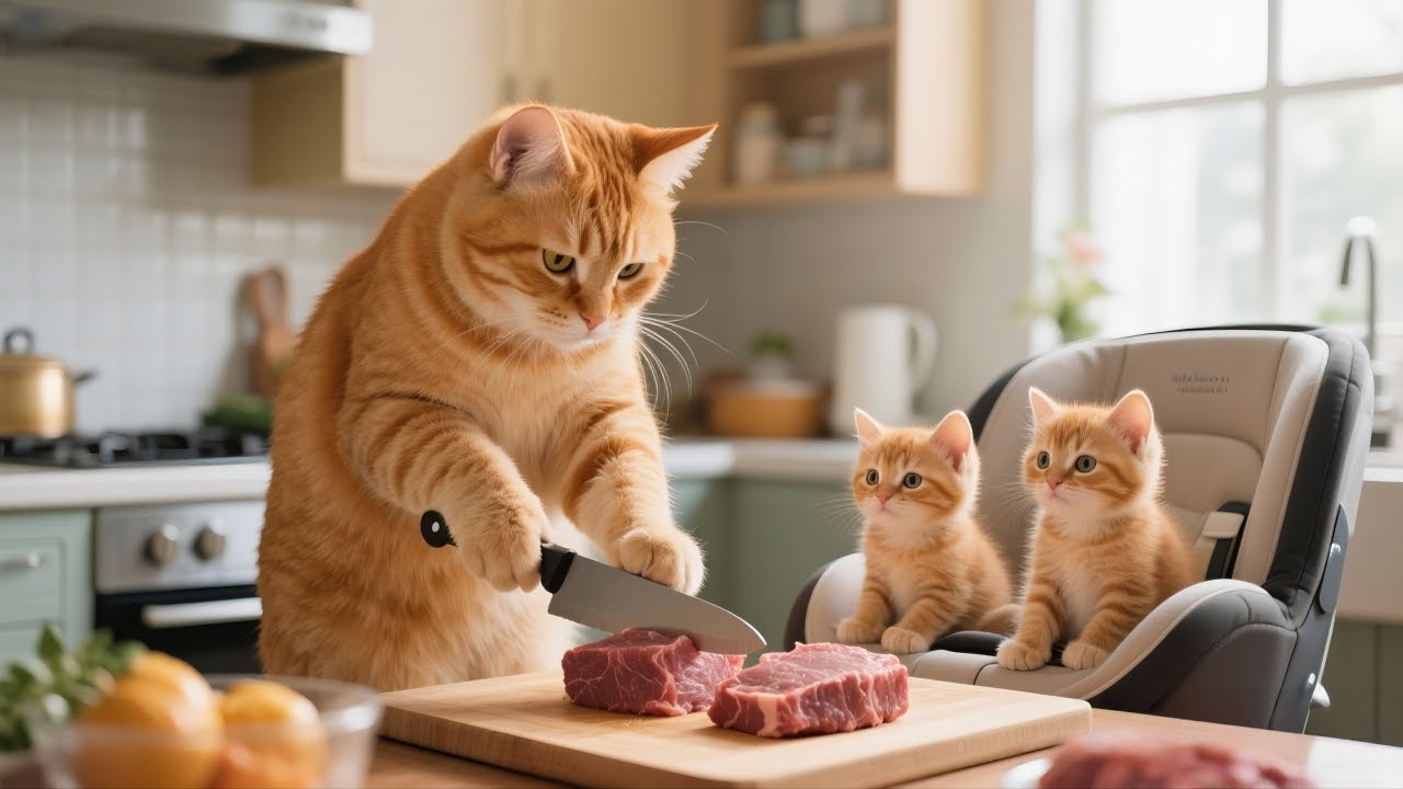 Mother cat buys beef and takes it home to cook delicious food for kitten.#cat #cooking