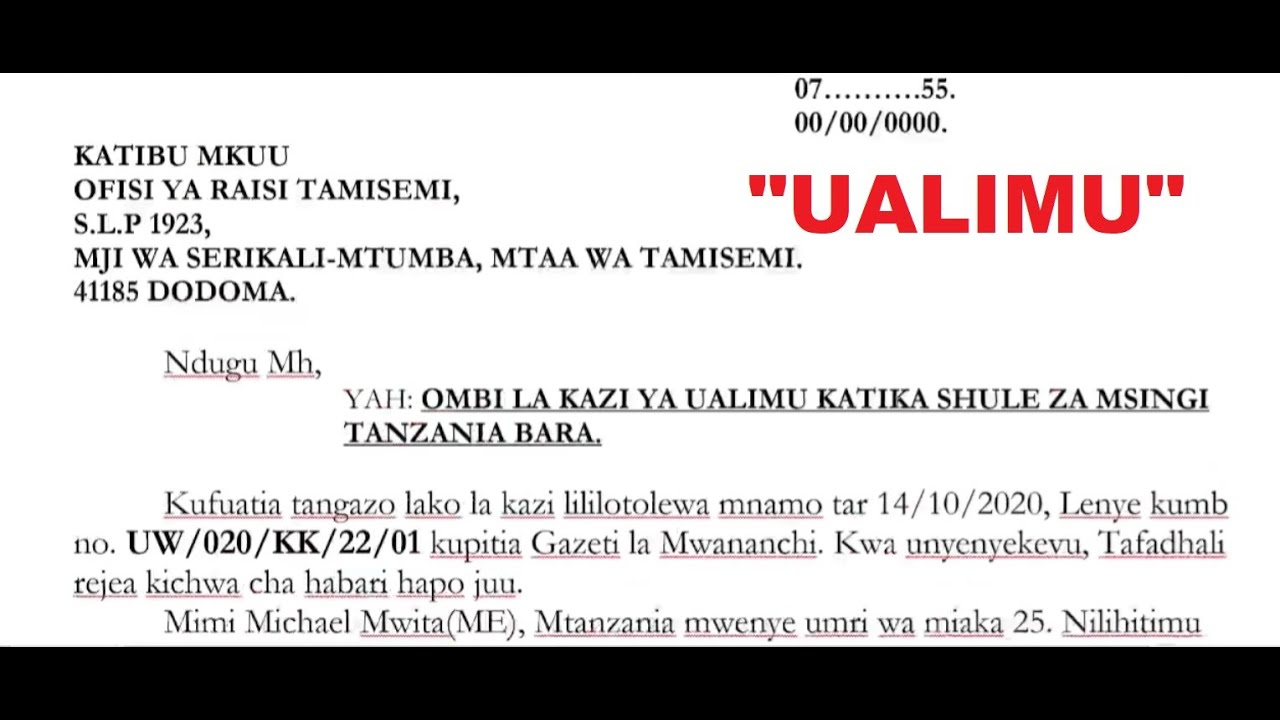 BARUA YA KUOMBA KAZI YA UALIMU