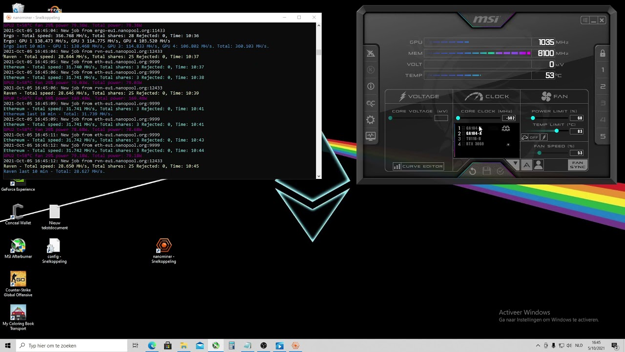 Mining rig, overclock settings, NVIDIA RTX 3060 TI, RTX 3060, GTX 1660S. Ergo, Ravencoin, Ethereum.