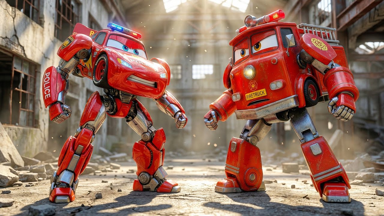 Kitten found abandoned lightning firetruck robot and lightning McQueen monster 
