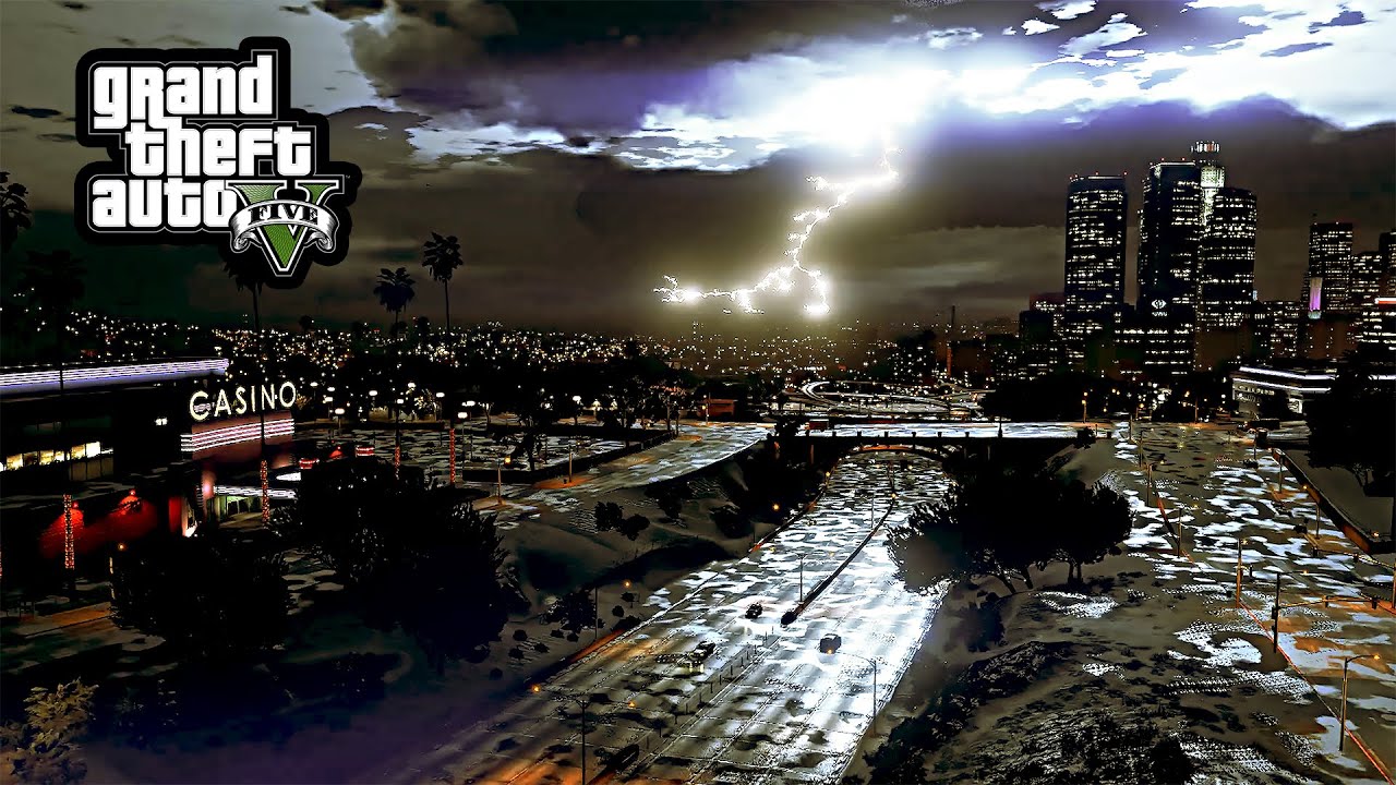 Rainy Autumn. Casino & Highway View. Timelapse GTA 5