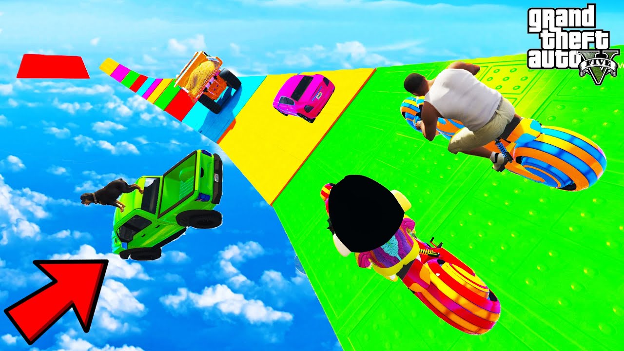 FRANKLIN TRIED IMPOSSIBLE COLOURFUL SKY ROAD PARKOUR RAMP CHALLENGE GTA 5 | SHINCHAN and CHOP