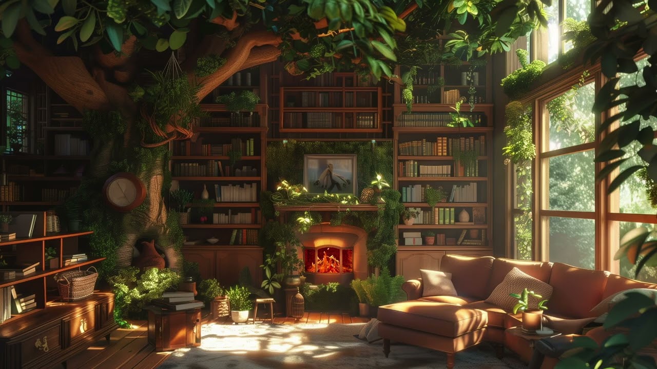 Cozy Forest Library Fireplace 🔥📚 Birds Chirping & Crackling Fire Ambience