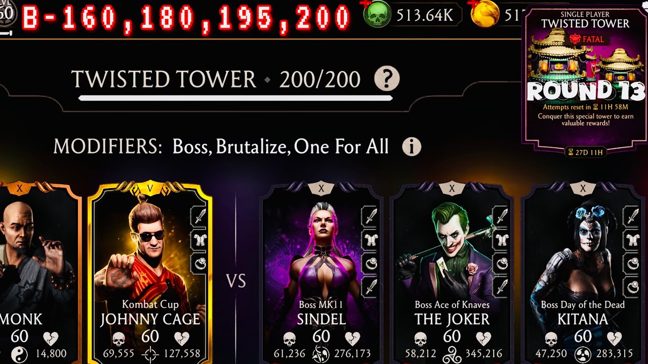 Fatal Twisted Tower Boss Battle 200 & 160, 180 Gold Characters Gameplay | MK Mobile