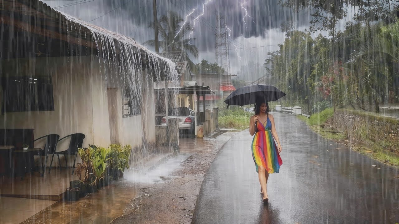 Страшно! ⛈️ Сильный дождь и гроза в сельской местности | Звуки дождя для сна
