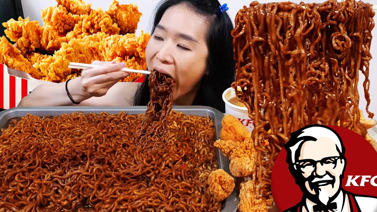 KFC & Black Bean Noodles ASMR Mukbang! Crispy Chicken Tenders, Cheese Poppers & Ramen Jajangmyeon