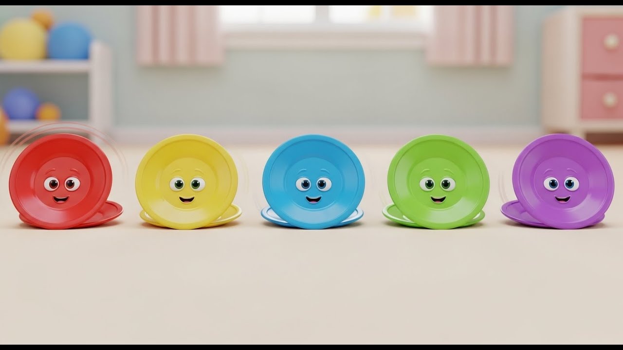 Cinco Pequenos Pratos Giratórios de Brinquedo | Canção Educativa e Cores para Crianças