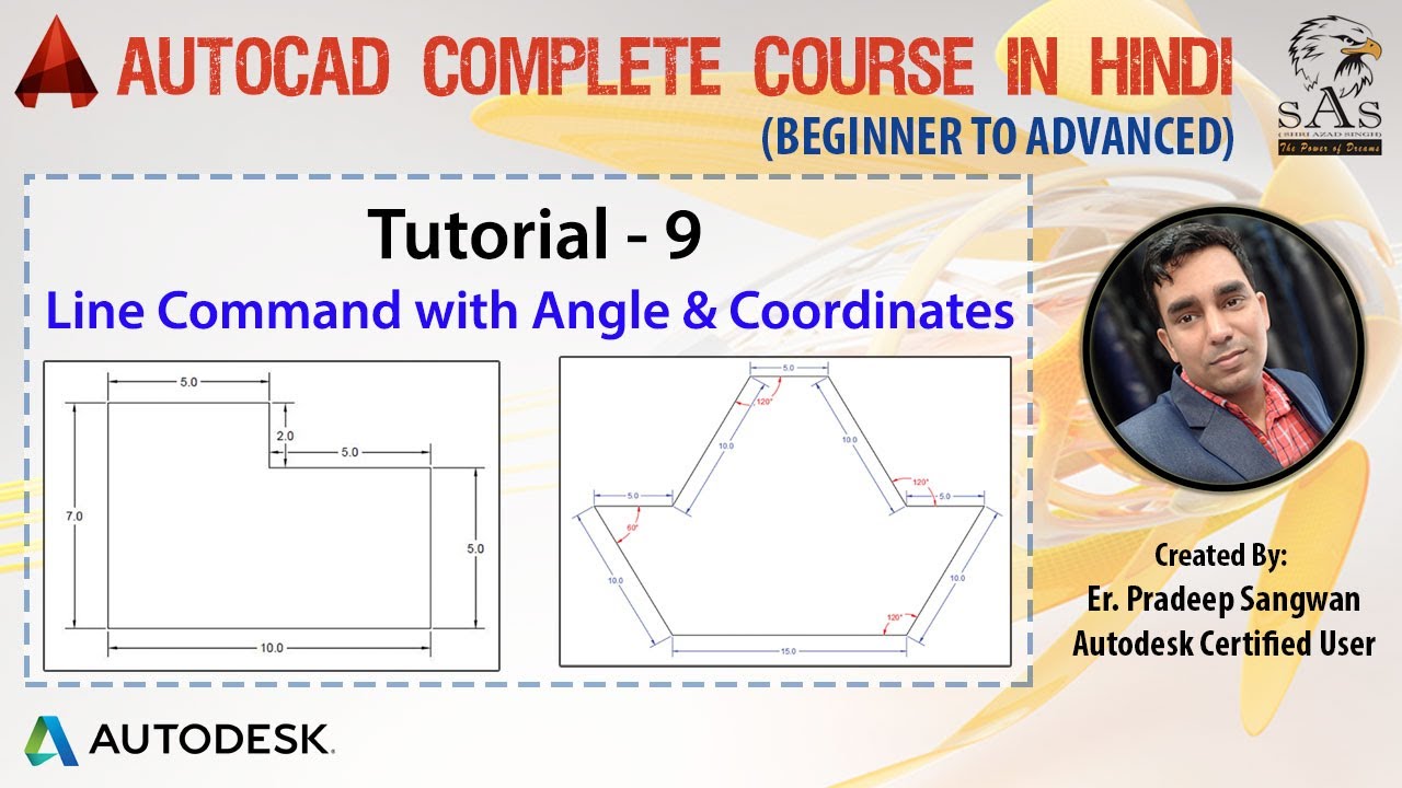Autocad 2016 - Tutorial for Beginners : 9. How to Draw Line with [ Ex. 1-4, Angle & Coordinates]