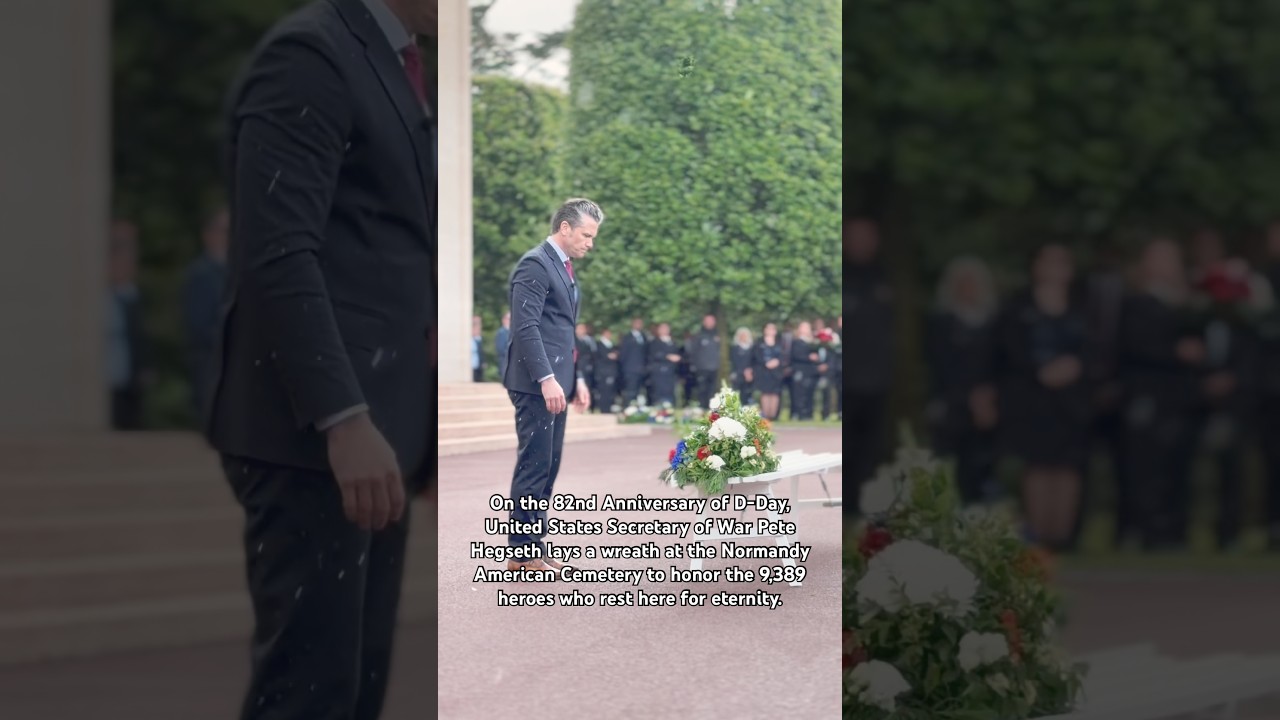 On the 82nd Anniversary of D-Day, United States Secretary of War Pete Hegseth lays a wreath to honor