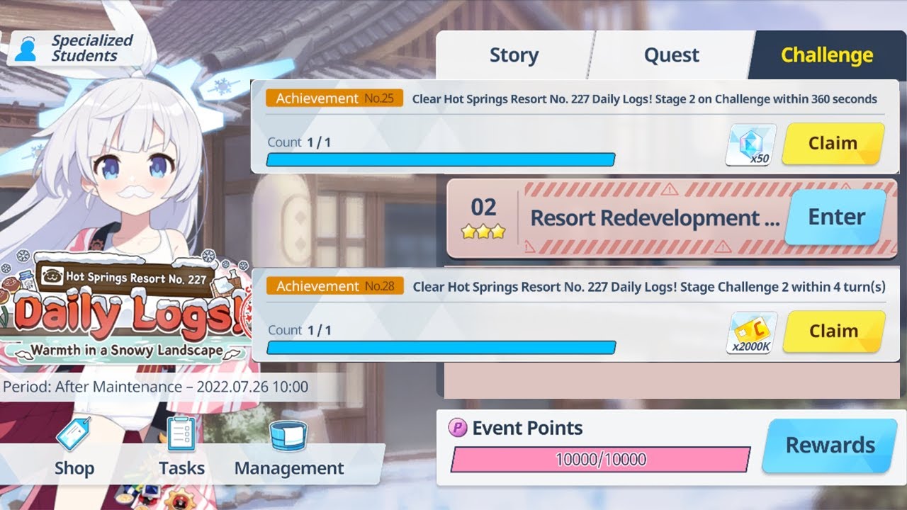 [Blue Archive] "Hot Springs Resort No. 227 Daily Logs!" Challenge 2 | 3 star, 360 sec & 4 turns