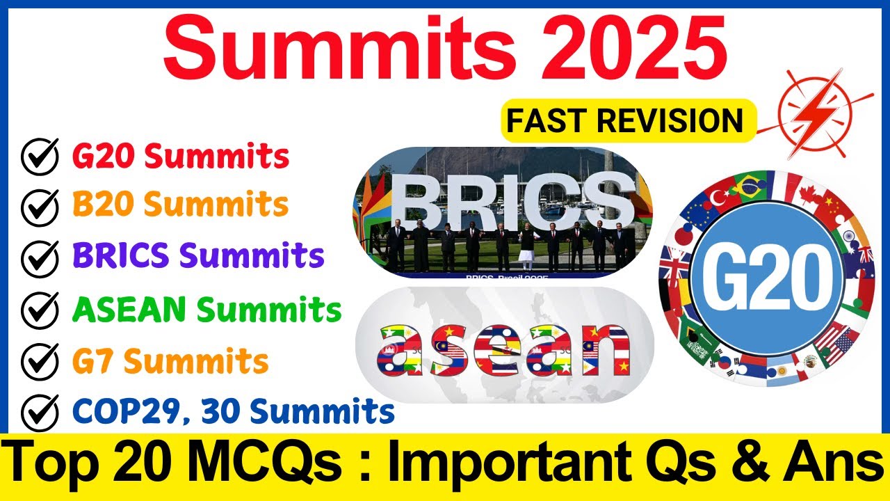 Important Summits and Conference 2025 Current Affairs / G20, B20, ASEAN, BRICS, G7, COP29, COP30