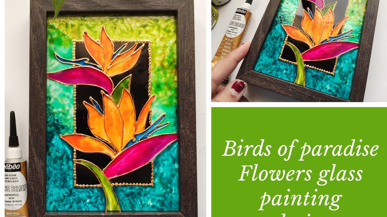 Bird of paradise flower Easy Glass painting technique||Beautiful tropical art ||DIY wall decor