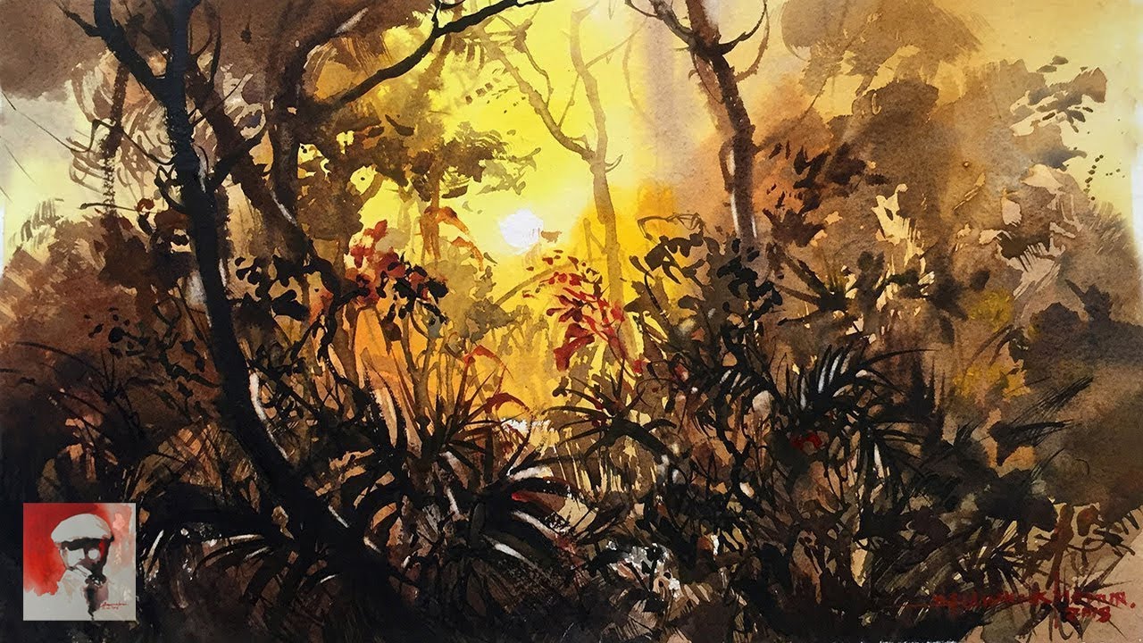 How To Paint Sunrise In The Forest In Watercolor | Amazing Wet-on-Wet Watercolor Painting Technique