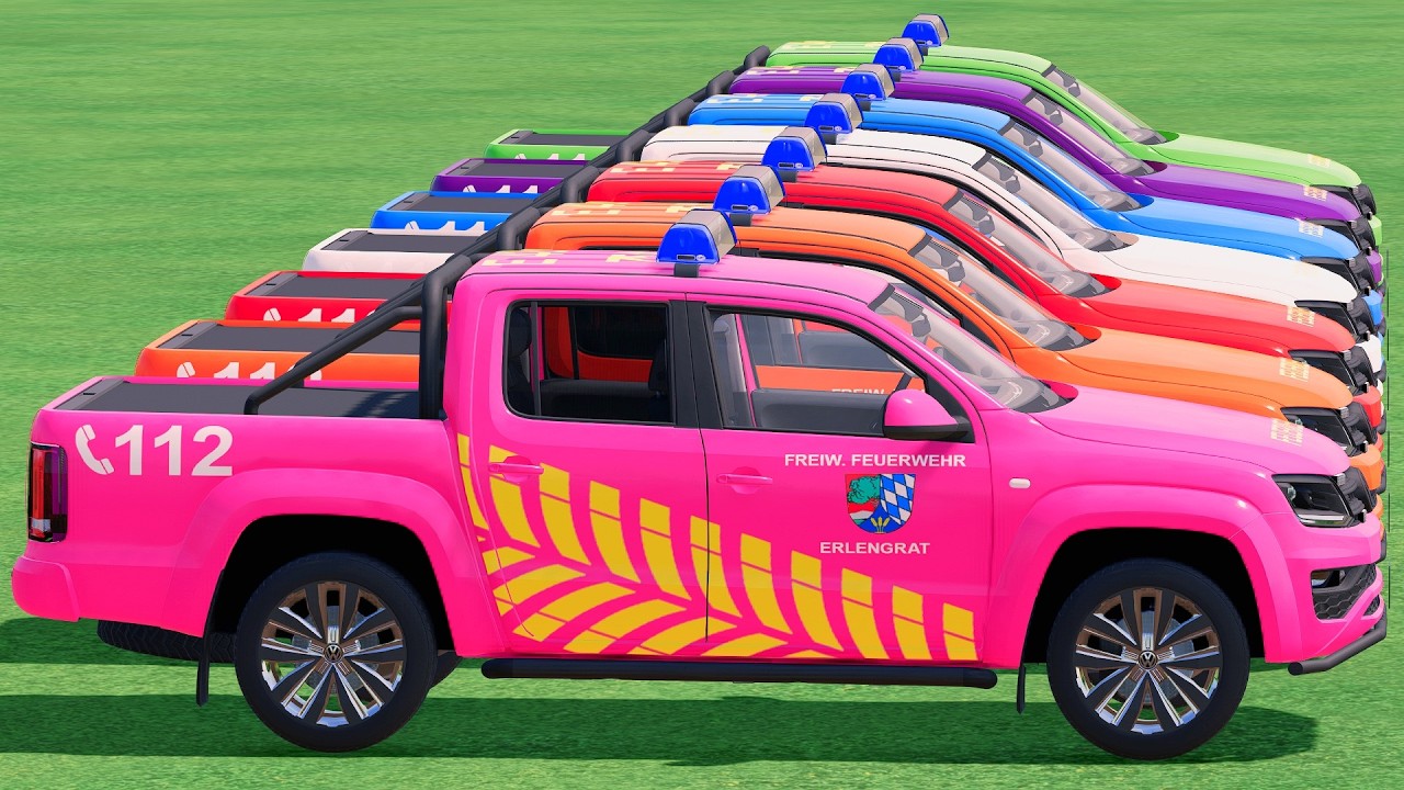 GO! POLICE CARS, AMBULANCE, FIRE TRUCK, COLORFUL CARS WITH TRUCK & TRAIN FARMING SIMULATOR 22! #124