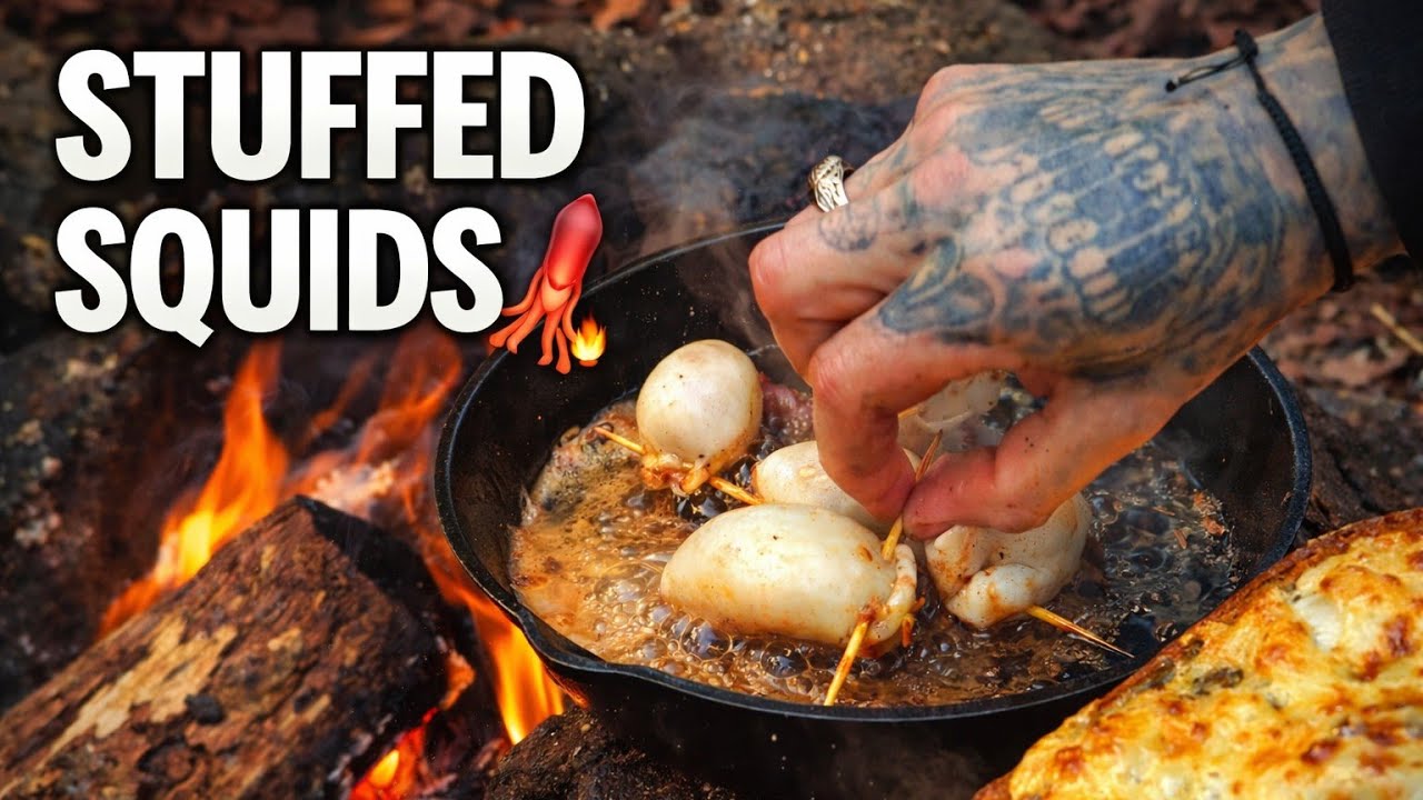 Stuffed Squid & Cheesy Bread | Outdoor Fire Cooking ASMR