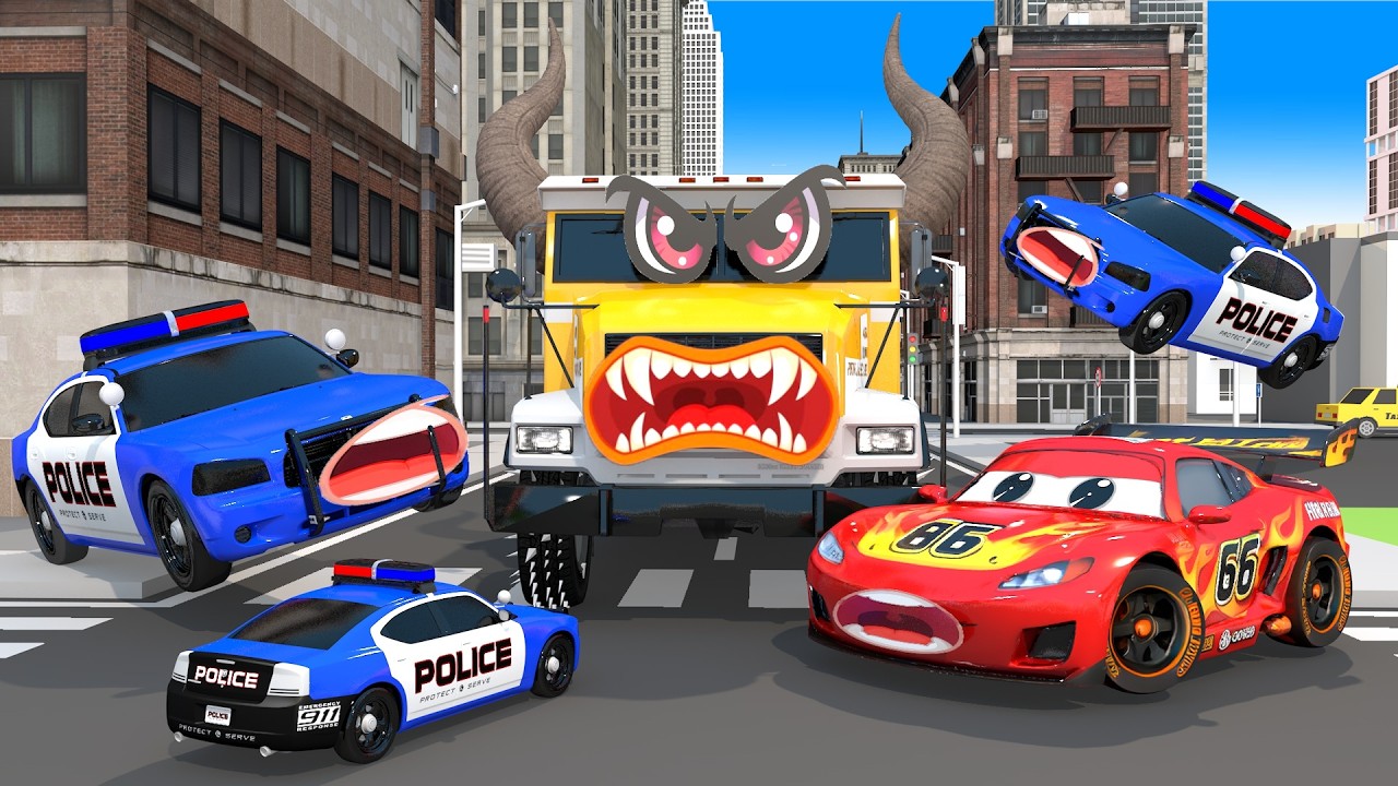 Heros Power Red & Police Stop the Giant Horned Monster Truck | City Under Attack