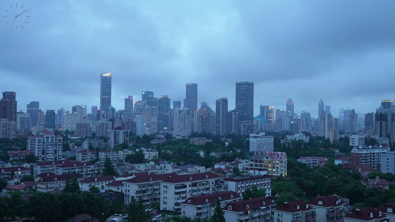 Shanghai Skyline 4K | 24 Hours of Shanghai | Fixed View with Authentic City Sounds | 7:00PM&ndash;7:30PM