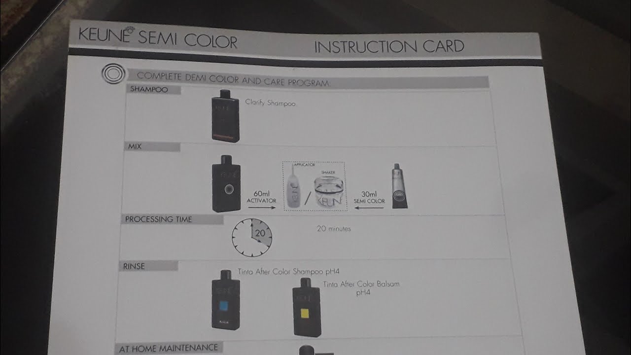 Keune shade card instructions page