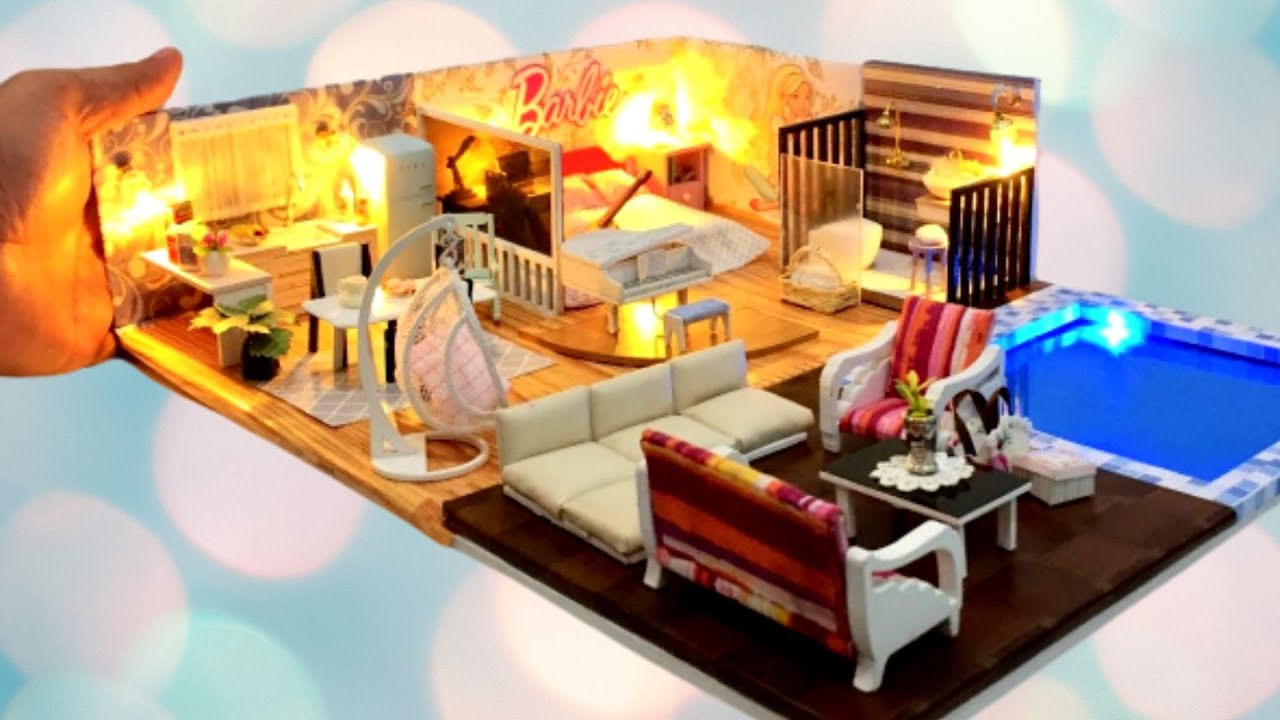 DIY MINIATURE DOLLHOUSE in a SHOEBOX with SWIMMING POOL