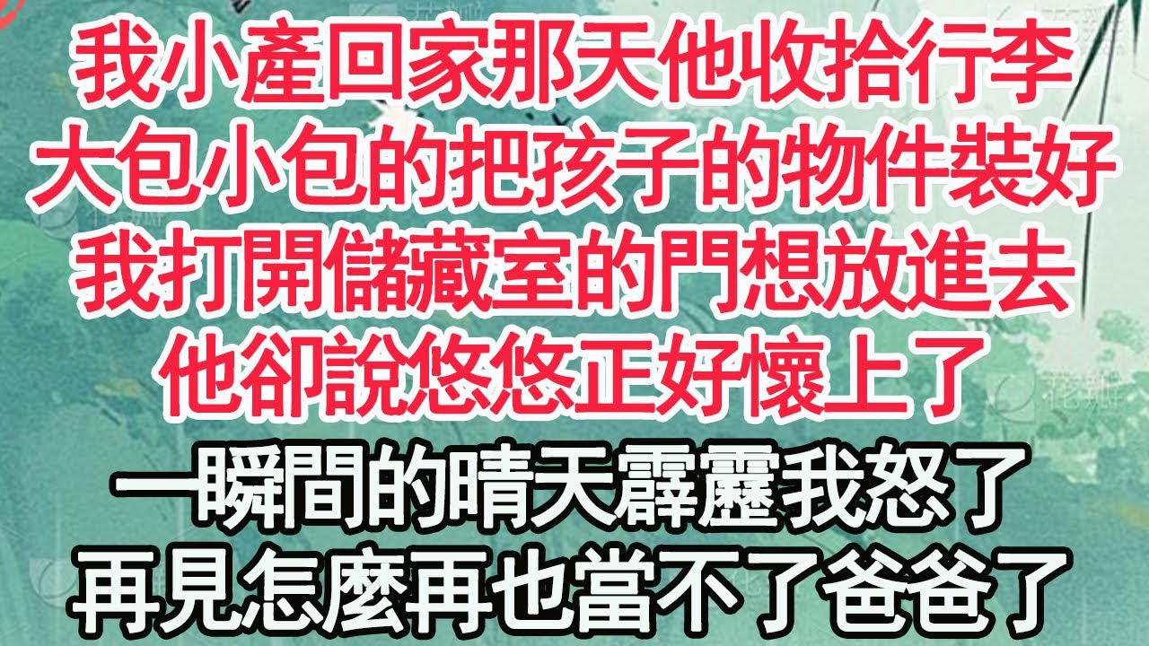 我小產回家那天他收拾行李，大包小包的把孩子的物件裝好，我打開儲藏室的門想放進去，他卻說悠悠正好懷上了，一瞬間的晴天霹靂我怒了，再見怎麼再也當不了爸爸了【顧亞男】【高光女主】【爽文】【情感】
