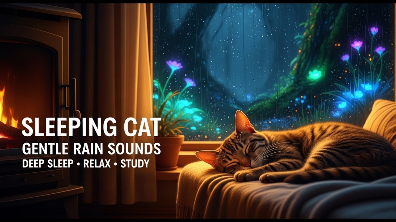 Sleeping Cat in Cozy Room | Gentle Rain Sounds | Bioluminescent Forest Ambience for Deep Sleep