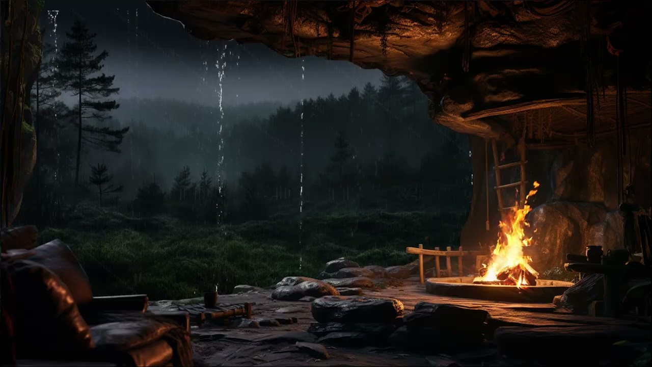 Forest Rain in Cozy Cave 🌧️🔥 | Fireplace Sounds to Sleep Instantly