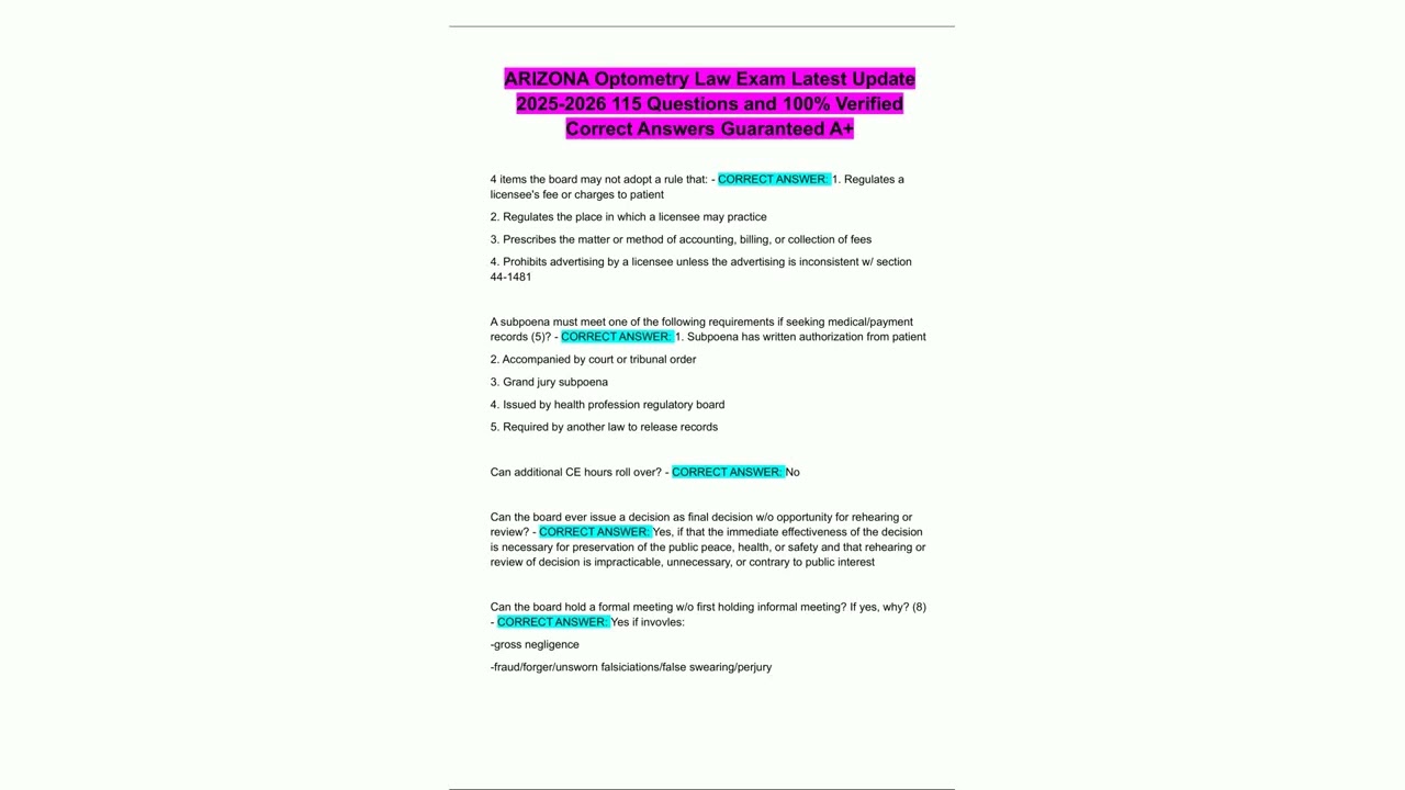 ARIZONA Optometry Law Exam Latest Update 2025 2026 115 Questions and 100% Verified Correct Answers G