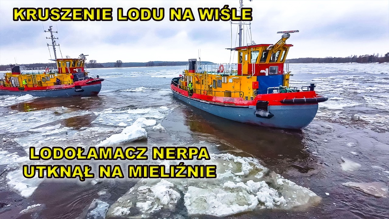 6.2.2026.Kruszenie lodu na Wiśle &ndash; lodołamacz Nerpa utknął na mieliźnie.Z pomocą ruszył Narwal.