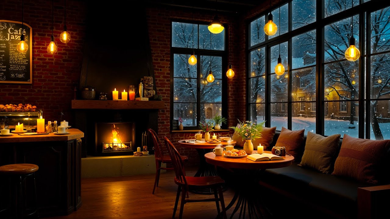 Cozy Winter Coffee Shop Ambience with Relaxing Jazz Instrumental Music & Fireplace Sounds for Sleep