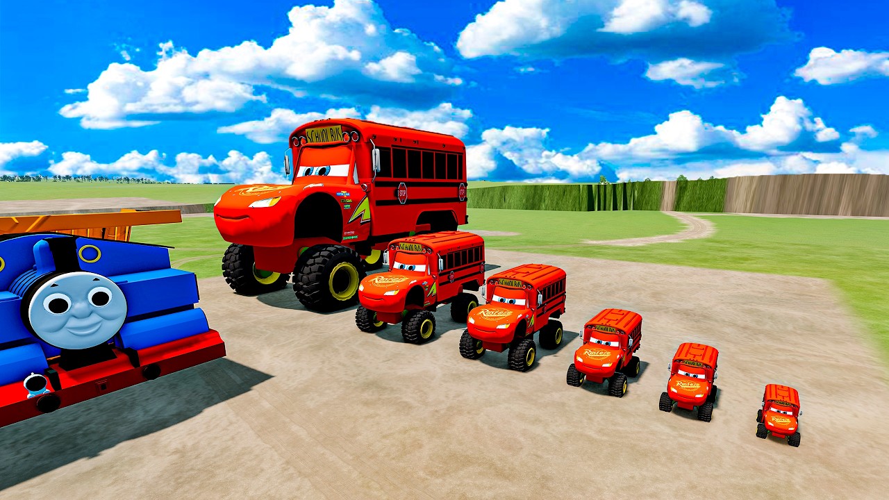 Big McQueen and Little McQueen, and their friends, against deadly obstacles and a train BeamNG.Drive