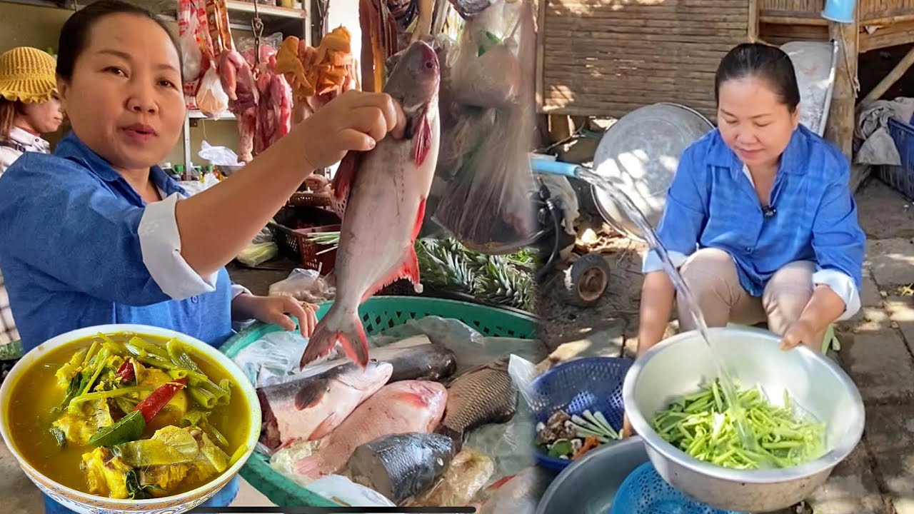 Buying Fresh Fish at the Small Stall In the Village & Cooking Machu Krueng Trey For Lunch.