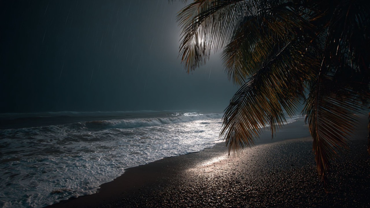 Dark Beach at Night — Gentle Ocean Waves with Light Rain for Deep Sleep (No Music • 8 Hours)