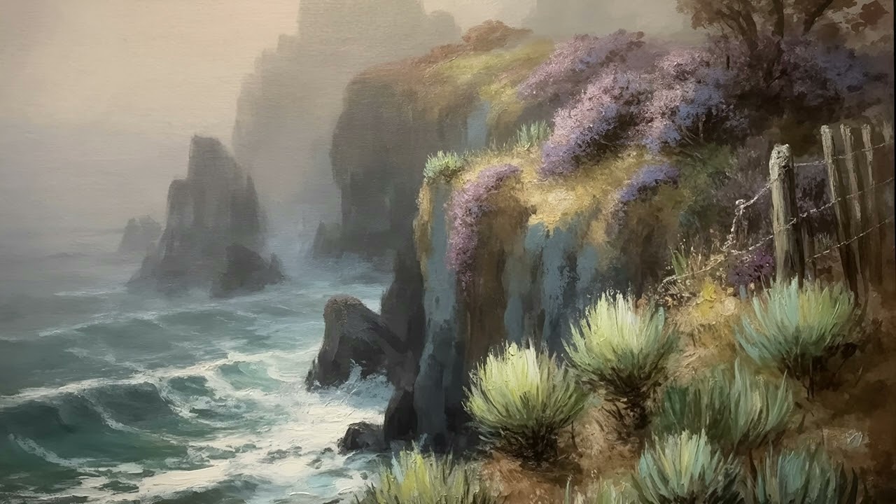 Rugged Coastline Painting | Misty Ocean Cliff TV Art Background for Peaceful Ambience | 4K