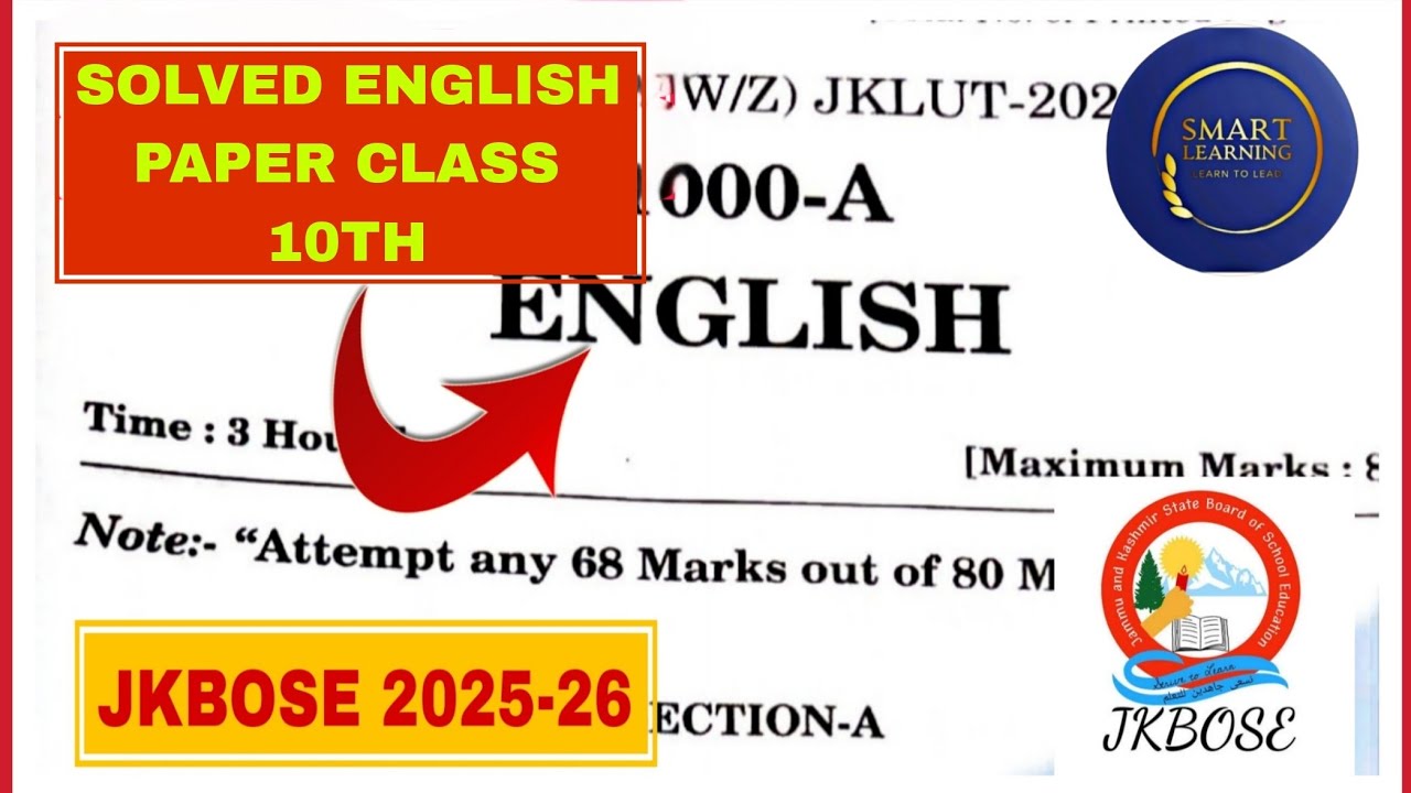 ENGLISH PAPER CLASS 10TH SOLVED || JKBOSE 2025-26 || SOLVED ENGLISH PAPER || 2025-26 || JKBOSE 