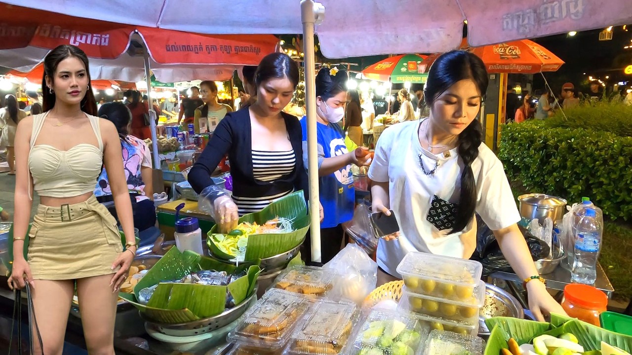 Best Cambodia Street Food - Walking at Riverside Food Market, Cambodia Night Market Walk Experience