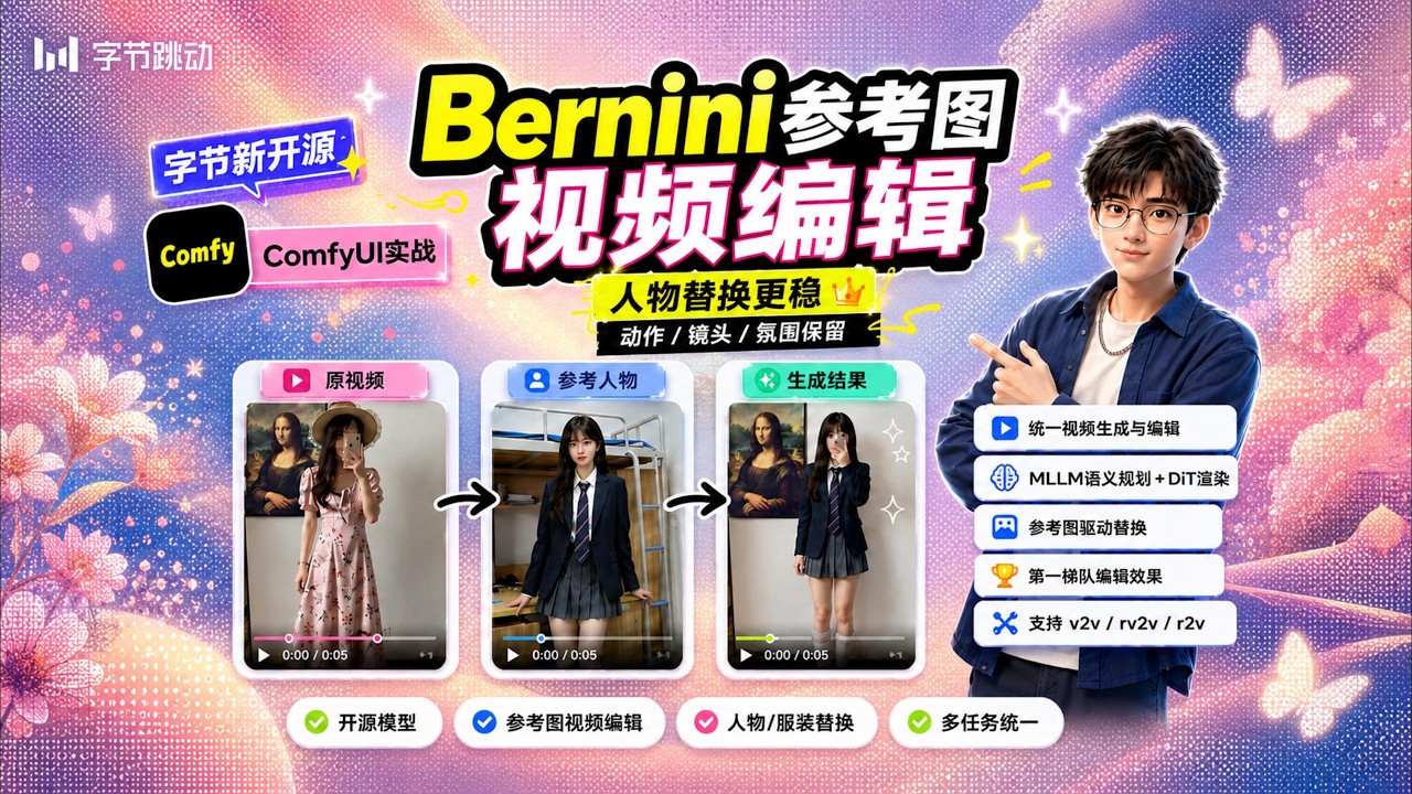 [ComfyUI]字节跳动开源视频人物替换模型Bernini，影视二创新工具！工作流模型免费分享