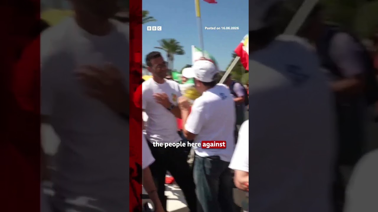 Iranian-Americans protest against Iran team at World Cup. #WorldCup #BBCNews
