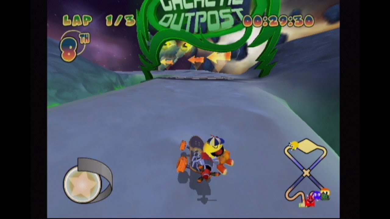 (Pac-Man World Rally) Galactic Outpost but Jr. Pac-Man gives everyone a 30-second head start!