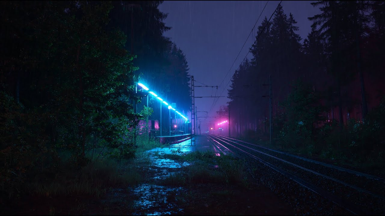 Cyber Rain Forest 🌧 1 HOUR Ambient Soundscape | Rainy Night Train Station