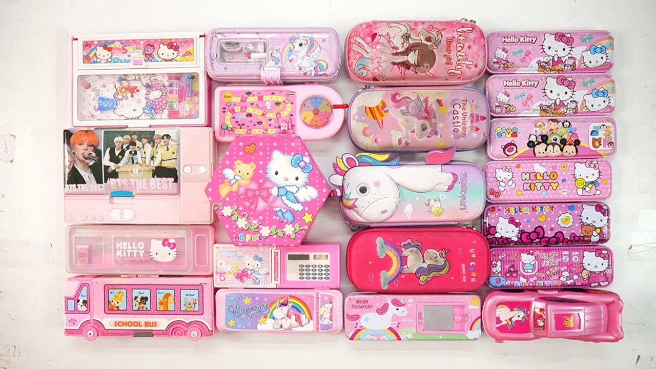 school pink unicorn stationery collection 😁 geometry,hello kitty,pencil box,sharpener,eraser,unicorn