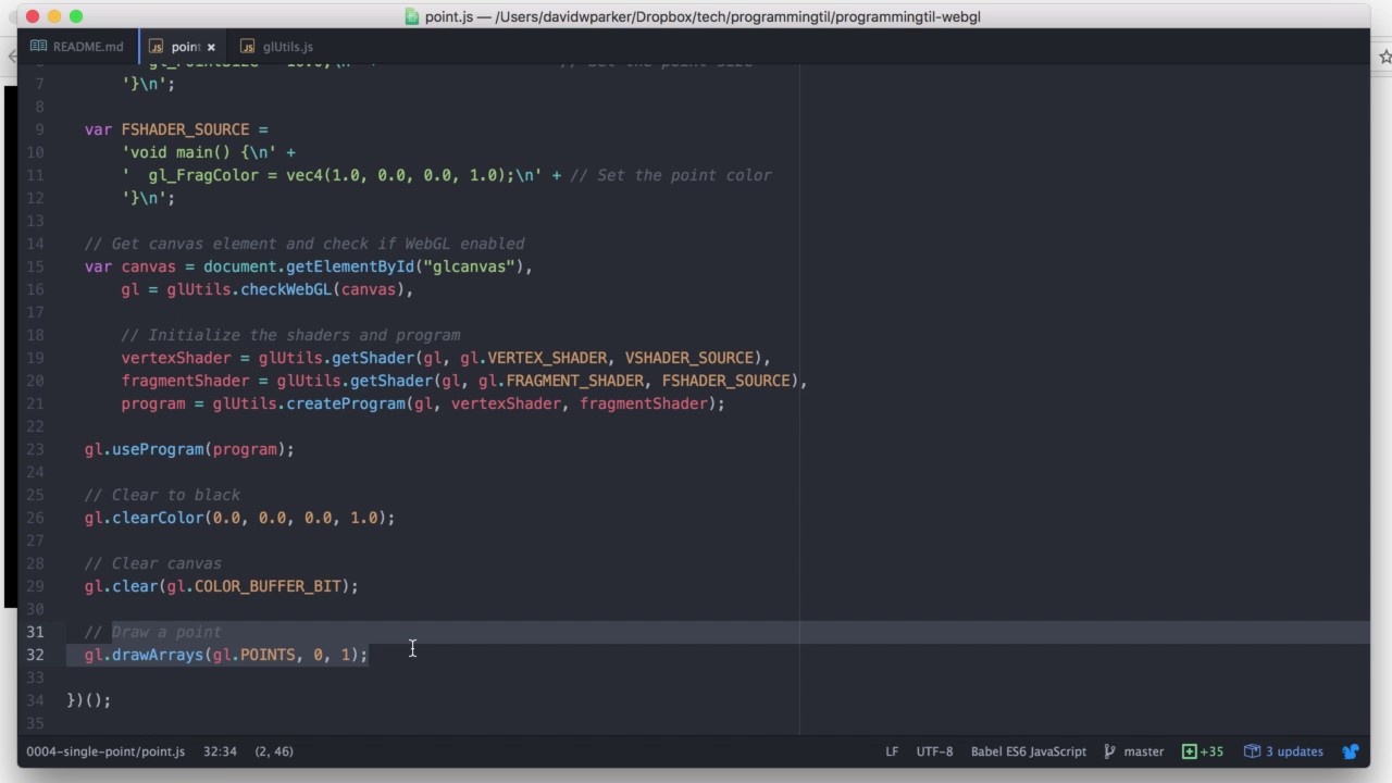 WebGL shaders / drawing a point - ProgrammingTIL WebGL Video Tutorial Screencast 0004