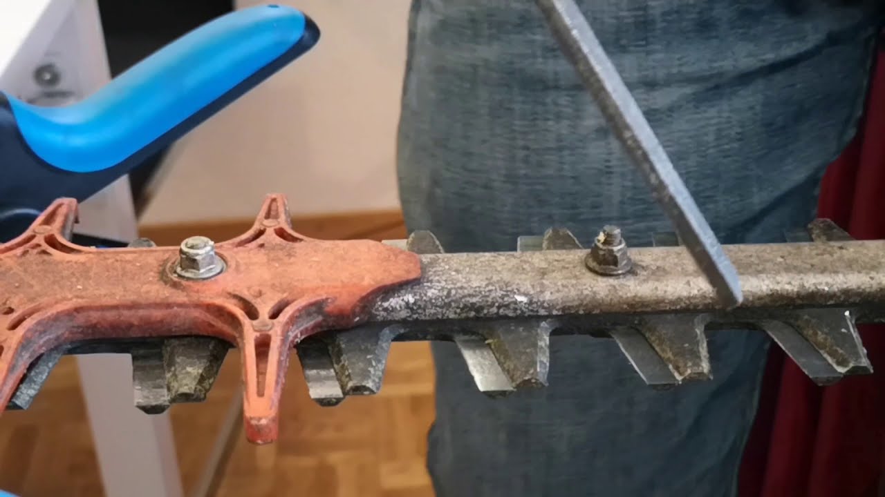 Podador aparador Stihl HS82R, como amolar afiar a lâmina! how to sharpen hedge trimmer.