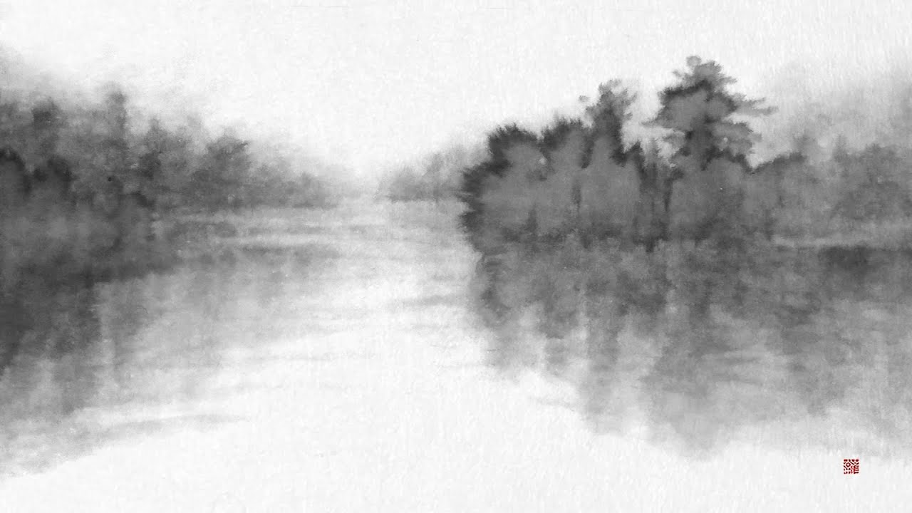 水墨画  湖 『 湖と森 』　風景画　山水画　墨一筆   Landscape painting Lake forest sumi-e