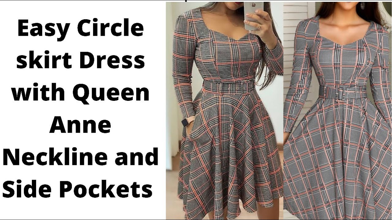 Easy Circle Skirt Dress with Queen Anne Neckline And side Pockets.