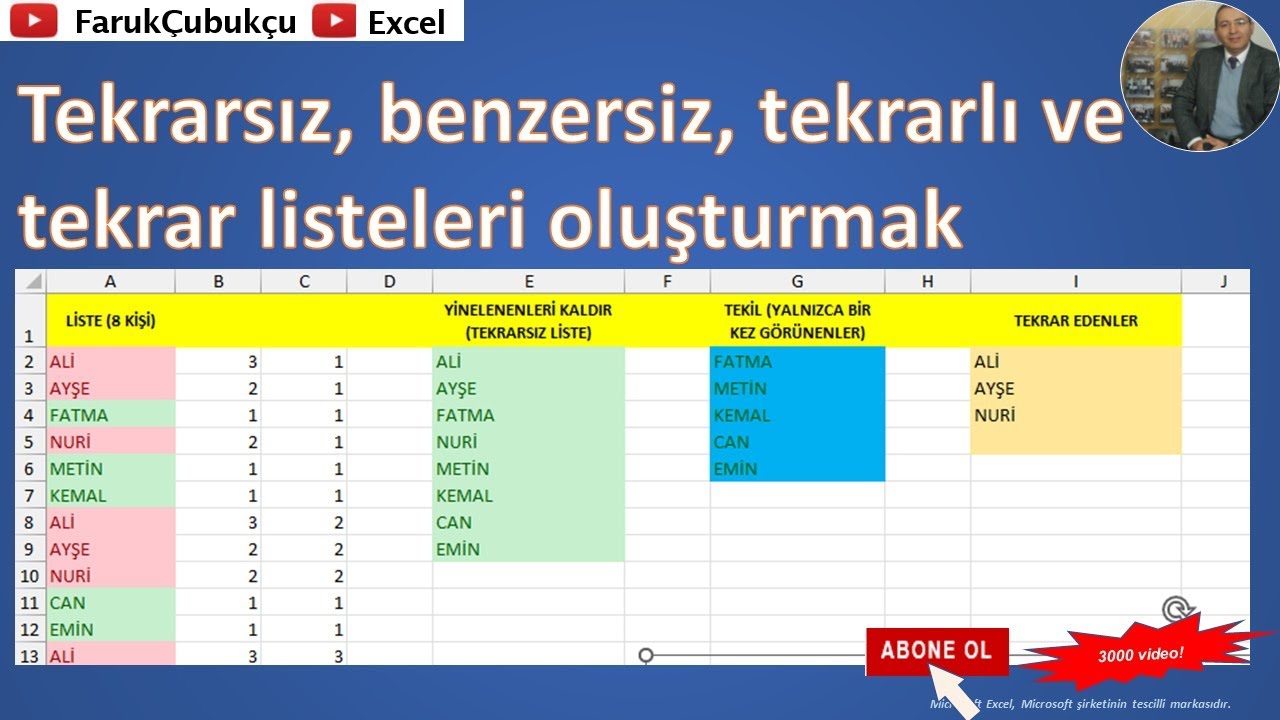 EXCEL BENZERSİZ, TEKRARSIZ, BİR KEZ OLANLAR, TEKRARLAR LİSTELERİ